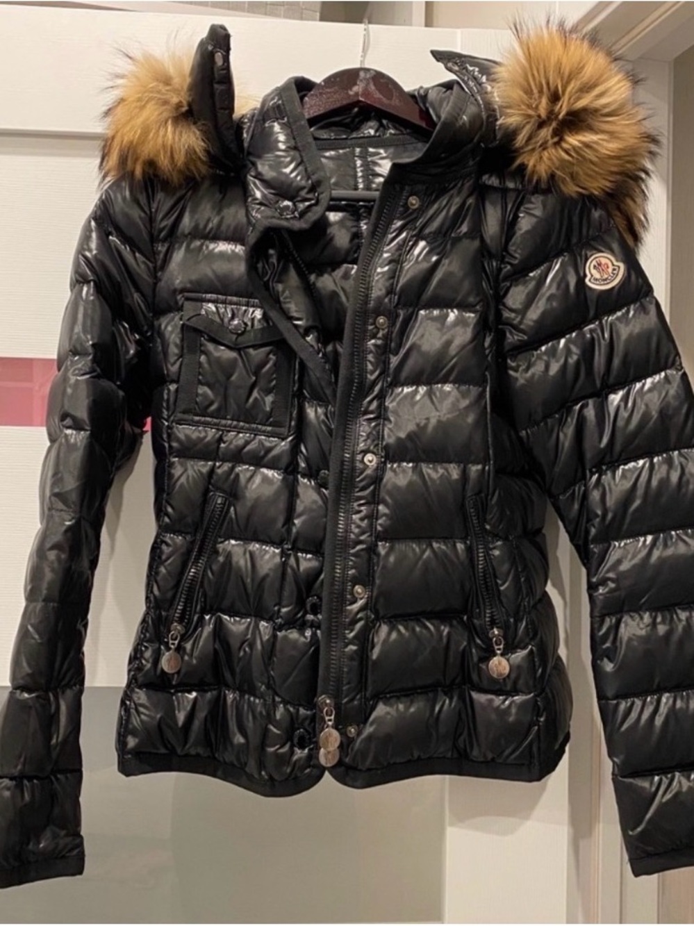 Moncler Black Gloss Quilted Down Puffer with Fur-Trim Hood